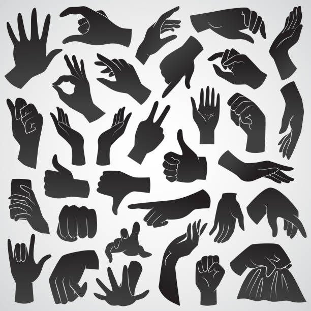 illustrazioni stock, clip art, cartoni animati e icone di tendenza di gesti della mano umana - raccolta di icone nere, piatte e vettoriali. - reaching