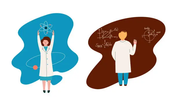 Vector illustration of Man and Woman Scientist in Laboratory Coat Conducting Research and Investigation Vector Set