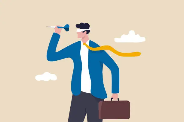 Vector illustration of Unclear target or blind business vision, leadership failure or mistake aiming goal, untrained or uneducated management concept, confused businessman blindfold throwing dart.