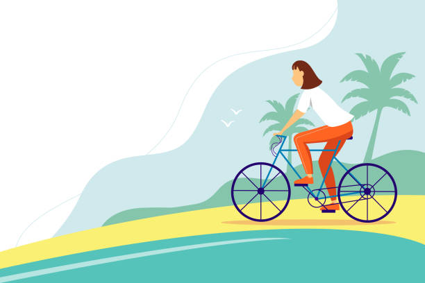 illustrazioni stock, clip art, cartoni animati e icone di tendenza di ragazza in bicicletta sulla spiaggia. illustrazione vettoriale estiva. concetto di stile di vita attivo. - inhabit