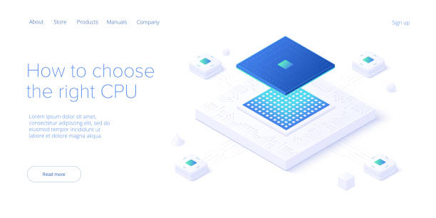 computer-cpu-chip-illustration im isometrischen vektordesign. halbleiter-mikrochip oder prozessor. abstrakte datenkomponente oder gpu-hardwareschaltung. künstliche intelligenz oder ai hintergrund. - computer chip cpu processor semiconductor stock-grafiken, -clipart, -cartoons und -symbole