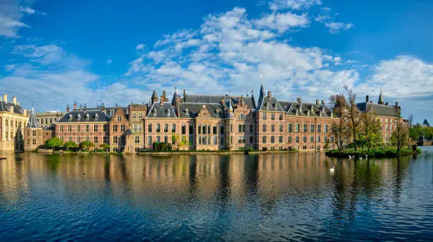 Panorama of the Binnenhof House of Parliament and the Hofvijver lake. The Hague, Netherlands