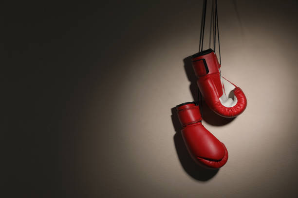 istock Pair of boxing gloves hanging on beige wall, space for text 1326040451