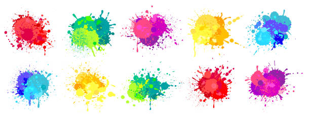farbspritzer. bunte sprühfarben spritzer, regenbogenfarbene tintenflecken, tropfen, flecken. abstrakte grunge farbe gemalt flecken vektor-set - farbton stock-grafiken, -clipart, -cartoons und -symbole