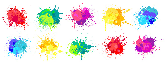 Paint splatter. Colorful spray paints splashes, rainbow colored ink stains, drops, blot. Abstract grunge color painted stains vector set