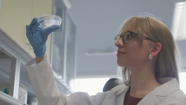 Female biotech scientist examining cultured meat in petri dish