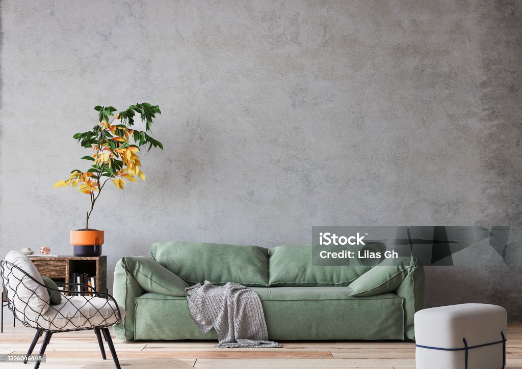 Living room interior in loft apartment, rustic style Living room interior in loft apartment, rustic style, 3d render Artist's Canvas Stock Photo