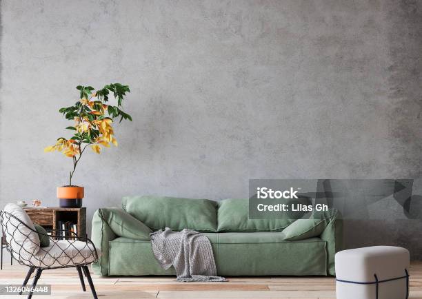 Living Room Interior In Loft Apartment Rustic Style Stock Photo - Download Image Now