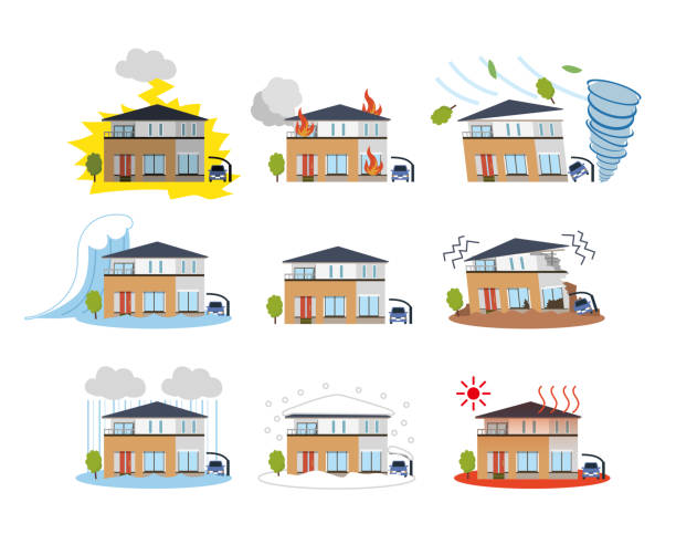 Residential natural disaster fire earthquake typhoon illustration set Vector illustration flooded home stock illustrations