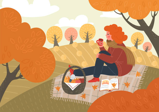 Autumn. Woman reads book and drinks tea, or coffee Autumn. Woman reads book and drinks tea, or coffee  outdoors. Fall picnic. Girl sitting on plaid on field or in the park. Rural landscape. october illustrations stock illustrations