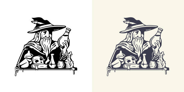 ilustrações de stock, clip art, desenhos animados e ícones de old mysterious wizard in a hat with an elixir in his hand. - alchemist