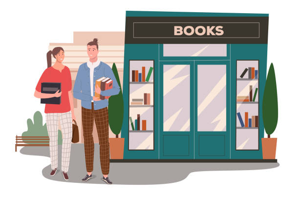 Bookstore building web concept Bookstore building web concept. Couple buys books at bookshop. Students holding textbooks and standing at entrance to store. People scenes template. Vector illustration of characters in flat design bookstore stock illustrations