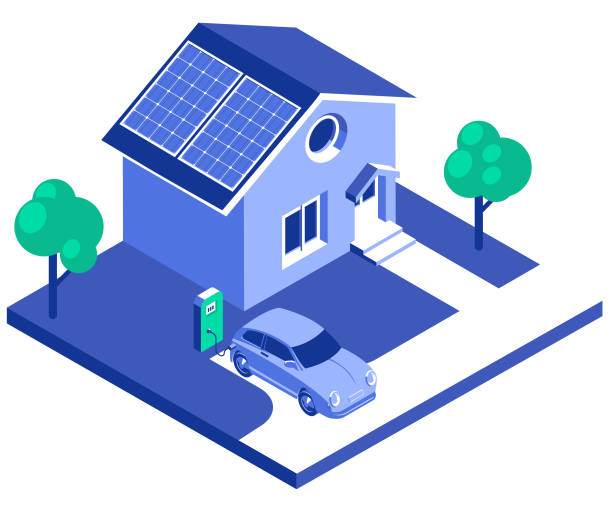 Electric Vehicle Electric Vehicle Charging Front of the House. Isometric Home And Car Illustration. facade stock illustrations