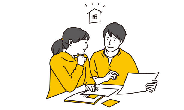 A couple thinking about buying a home A couple thinking about buying a home budget illustrations stock illustrations