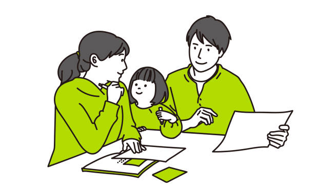家族の絵を描き、勉強する - 日本人　親子点のイラスト素材／クリップアート素材／マンガ素材／アイコン素材