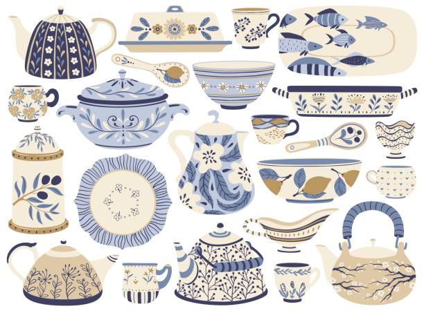 Ceramic pottery. Porcelain teapots, kettles, cups, mugs, bowls, plates, jugs. Faience kitchen crockery or tableware with decorations vector set Ceramic pottery. Porcelain teapots, kettles, cups, mugs, bowls, plates, jugs. Faience kitchen crockery or tableware with decorations vector set. Antique dishware for drink and food mug illustrations stock illustrations