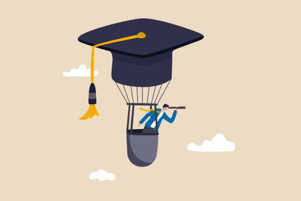 ilustrações de stock, clip art, desenhos animados e ícones de education or knowledge to growth career path, working skill to success in work, learn or study new course for business success concept, businessman fly graduation mortar hat balloon see future vision. - look for trains”