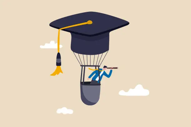 Vector illustration of Education or knowledge to growth career path, working skill to success in work, learn or study new course for business success concept, businessman fly graduation mortar hat balloon see future vision.