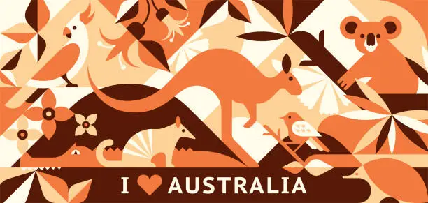 Vector illustration of Australia animals abstract vector background. Geometric forest illustration for graphic print, greeting card, banner.