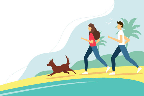 illustrazioni stock, clip art, cartoni animati e icone di tendenza di donna e uomo che corrono con il cane sulla spiaggia. illustrazione vettoriale estiva in stile piatto. - inhabit