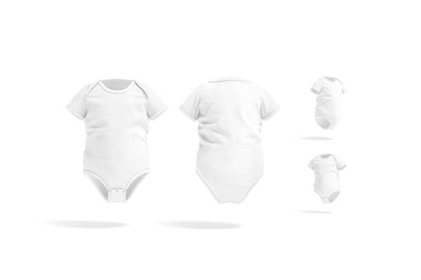 Blank white half sleeve baby bodysuit mockup, different view Blank white half sleeve baby bodysuit mockup, different view, 3d rendering. Empty growsuit for newborn child mock up, isolated. Clear breathable fabric pajamas template. babygro stock pictures, royalty-free photos & images