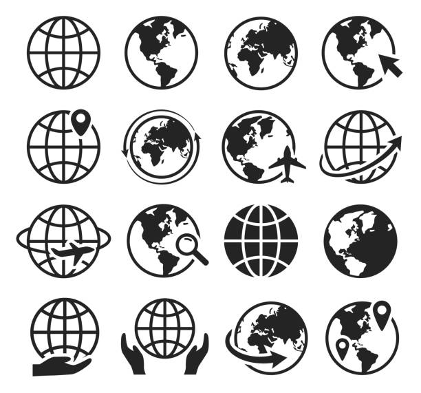 Globe icons. Internet web icon with globe, cursor, arrow. Global plane travel, world map. International communication black silhouette vector set Globe icons. Internet web icon with globe, cursor, arrow. Global plane travel, world map. International communication black silhouette vector set. Magnifying glass on planet, cartography airplane silhouette commercial airplane shipping stock illustrations