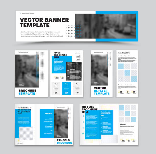 Vector banner, brochure, trifold, dl flyer with headline, cover with geometric design for corporate style, on a white background. Set Vector brochure template with place for photo, blue square design elements, for business concept. Dl flyer with headline, information. Booklet, trifold in corporate style. Illustration on background flyer template stock illustrations