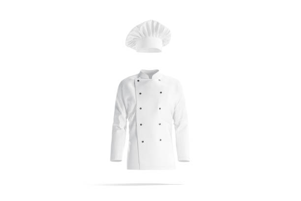 Blank white chef hat and jacket mockup, front view Blank white chef hat and jacket mockup, front view, 3d rendering. Empty cap and tunic for professional chief mock up, isolated. Clear protective uniform for restaurant or bistro kitchener template. toque stock pictures, royalty-free photos & images