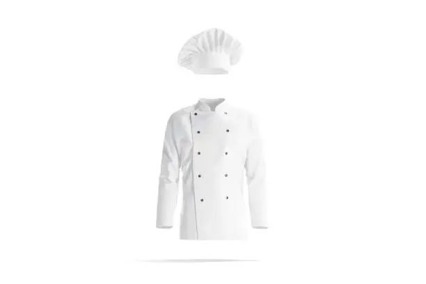 Blank white chef hat and jacket mockup, front view, 3d rendering. Empty cap and tunic for professional chief mock up, isolated. Clear protective uniform for restaurant or bistro kitchener template.