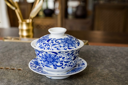 Chinese tea and tea set on a gray marble tabletop