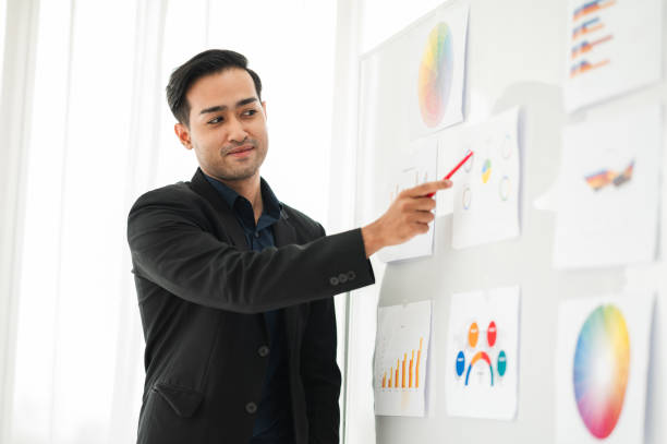 istock Businessman or manager presents a discussion graph, a strategic planning report, and discusses ways to increase profits at the workshop. Brainstorming and teamwork concept. 1326060185