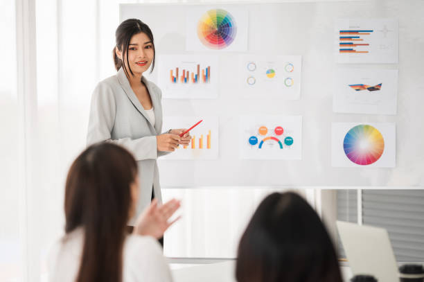 istock Business woman presenting a graph discussion report strategic planning and implementation at the workshop. Brainstorming and teamwork concept. 1326060187