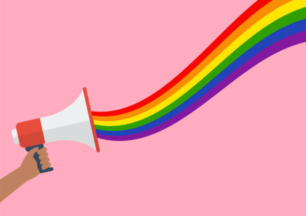 人々はlgbtの虹でメガホンを保持します - gay pride flag illustrations点のイラスト素材／クリップアート素材／マンガ素材／アイコン素材