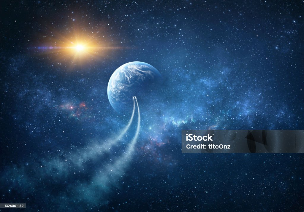 Spacesphips exploring Universe Spaceships traveling into deep space, exploring Universe, stars constellations and nebulas. Comets in outer space reaching planet Earth. 3D illustration. Planet Earth Stock Photo