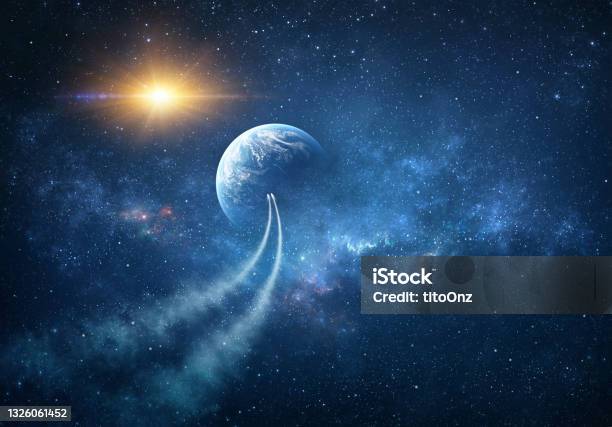 Spacesphips Exploring Universe Stock Photo - Download Image Now - Planet Earth, Comet, Supernova