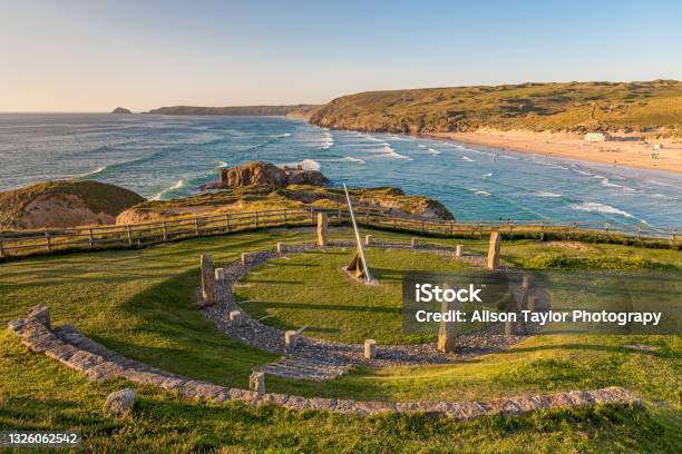 A View Of Perranporth Cornwall With The Sun Dial In The Foreground And The Beach Behind Stock Photo - Download Image Now