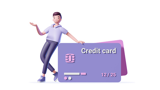 Illustration of 3d man with big credit card on white background