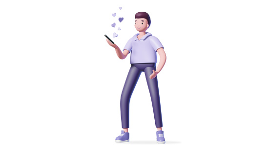 Illustration of 3d man with a smart phone and hearts on white background