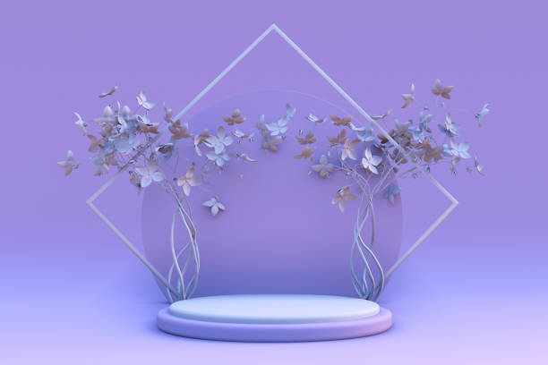 istock 3d render, botanical background, round pedestal decorated with violet spring flowers 1326063479