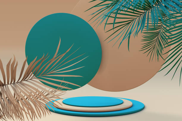 istock 3d render circle podium with abstract palms. Pastel blue colour and beige background, pedestal for brand product exhibition. 1326063492