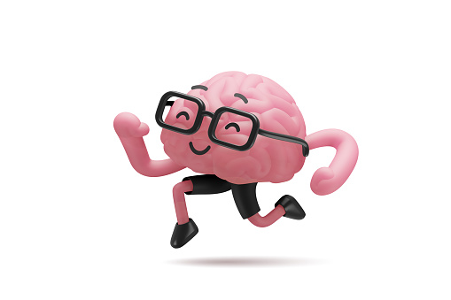 3d illustration of brain cute character in glasses running ahead