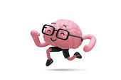 3d illustration of brain cute character in glasses