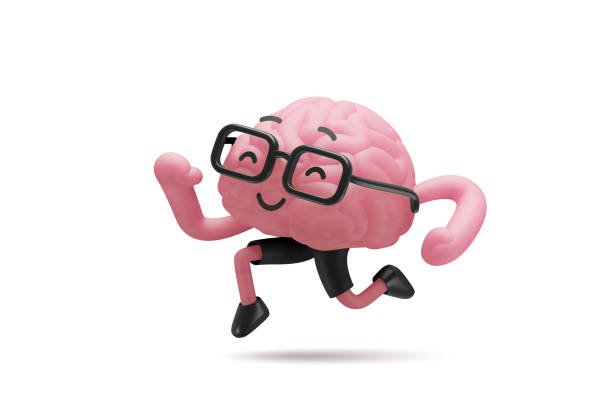 3d illustration of brain cute character in glasses 3d illustration of brain cute character in glasses running ahead brain stock pictures, royalty-free photos & images