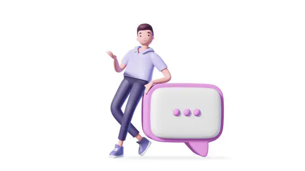 Illustration of 3d man with speech bubble on white background