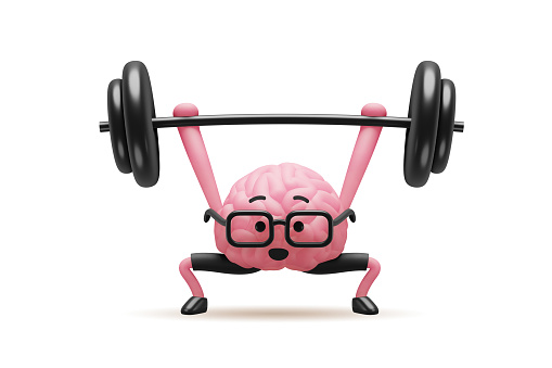 3d illustration of brain cute character in glasses lifting the barbell