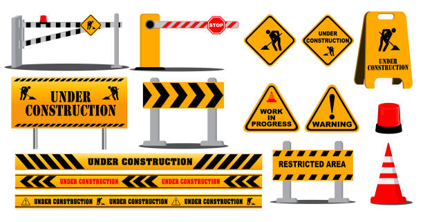 набор дорожно-барьерного знака шоссе или в стадии предупреждения строительной площадки или баррикады блокировать дорожные уличные концеп - construction stock illustrations
