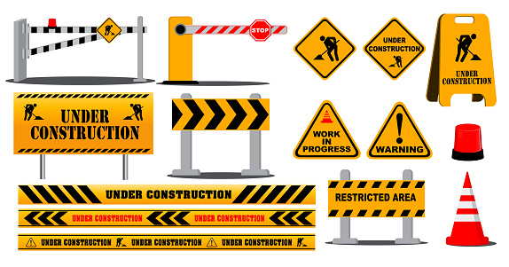 set of road barrier highway sign or under construction site warning or barricade block highway street concepts. eps vector