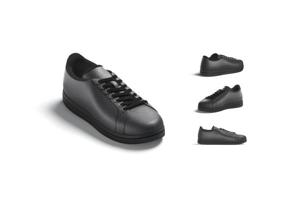 istock Blank black leather sneakers with lace mockup, different views 1326066038