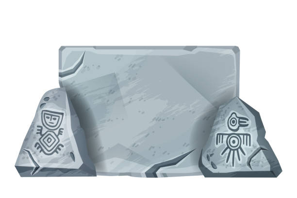 Stone sign board, vector Aztec carton rock game block, gray cracked panel, Maya tribal symbol. Ancient granite bolder design element, nature UI object isolated on white. Stone sign tablet illustration maya temple stock illustrations