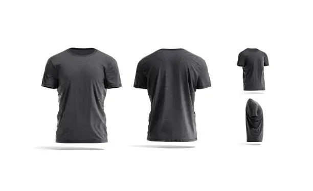 Blank black wrinkled t-shirt mockup, different views, 3d rendering. Empty casual undervest tee-shirt mock up, isolated. Clear man jersey garment with neckline outfit template.